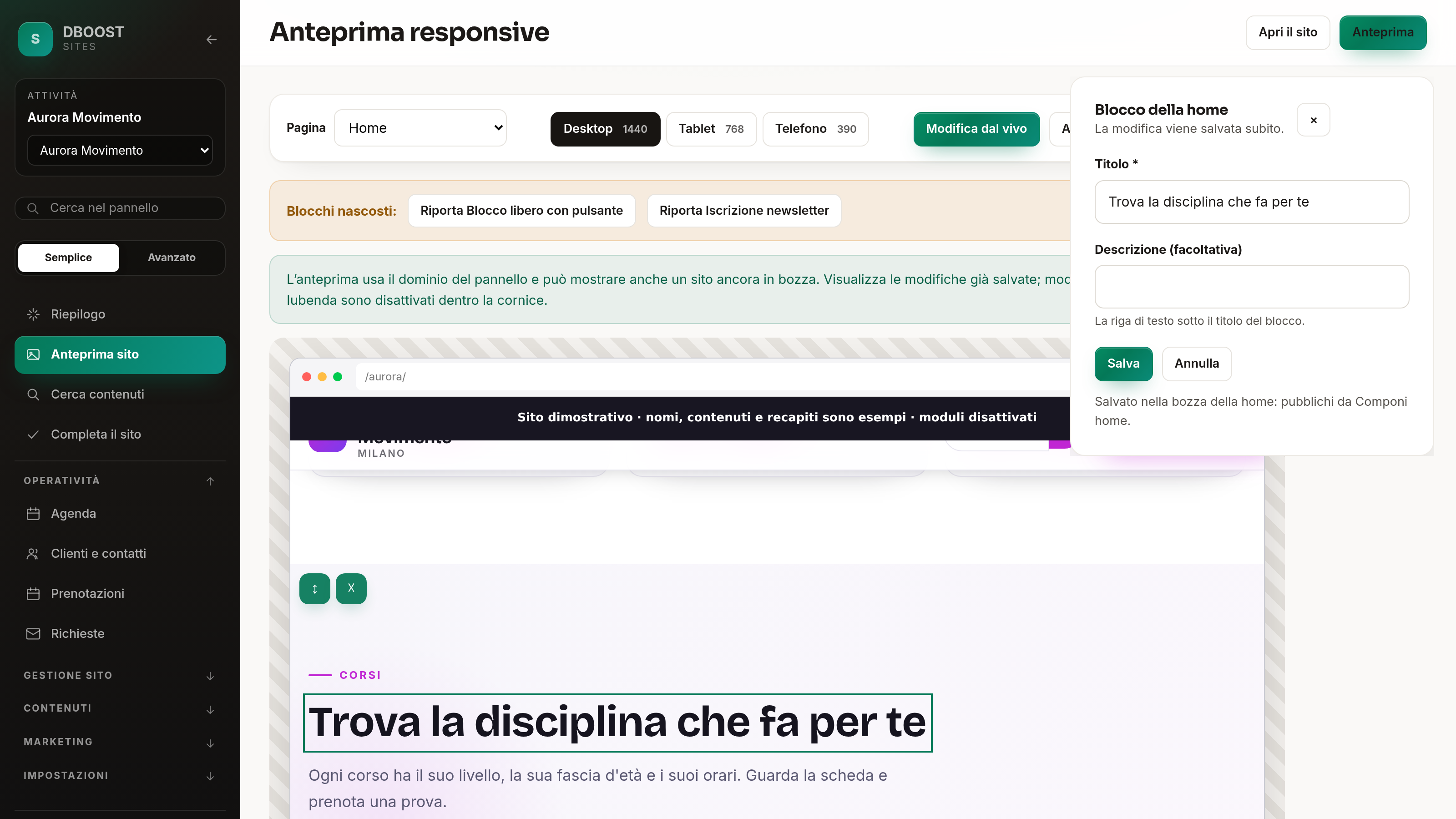 Anteprima del sito con la modifica dal vivo attiva: blocchi trascinabili e pannello di modifica aperto