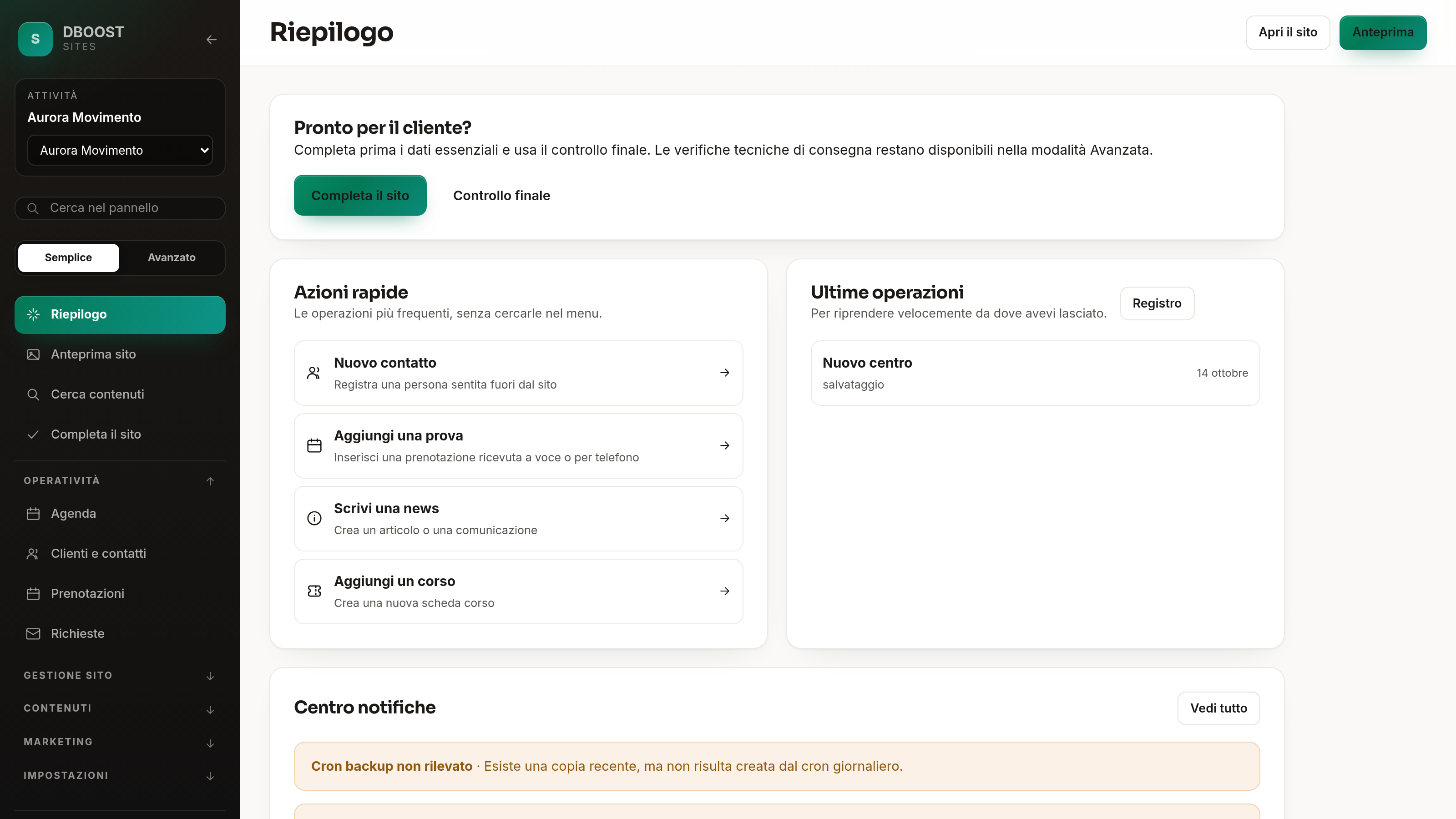 Riepilogo del pannello con le azioni rapide e i contenuti da completare
